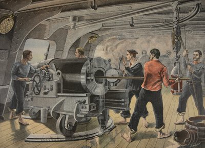 Manövrieren einer Kanone durch die spanischen Marines vor Santiago, Kuba, Illustration aus 